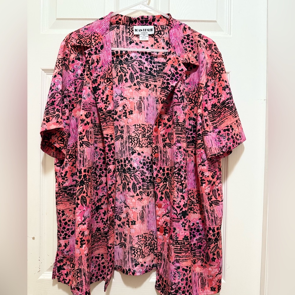 Vintage 80’s Poly Pink and Black Abstract Design Button Up
